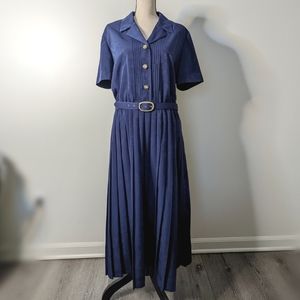 Vintage VTG 80s Leslie Day Navy Blue Midi Dress Gold Buttons, Belt